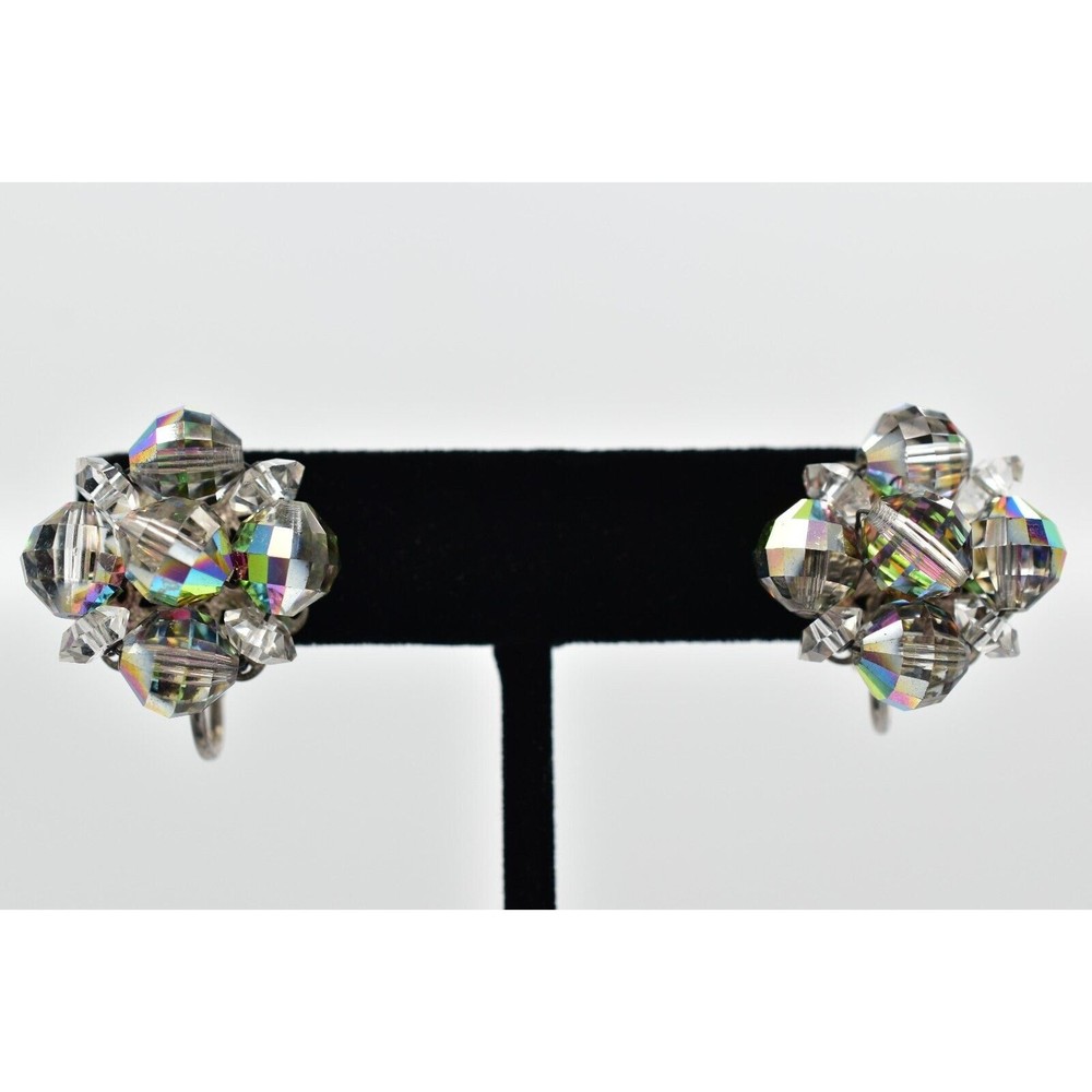 Vintage Clip On Crystal Earrings Watermelon Aurora Borealis Chrome 1950s BinBK