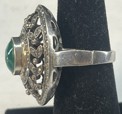 Vintage Sterling Silver Marcasite Green Chalcedony Large Filigree Dome Ring Sz 6
