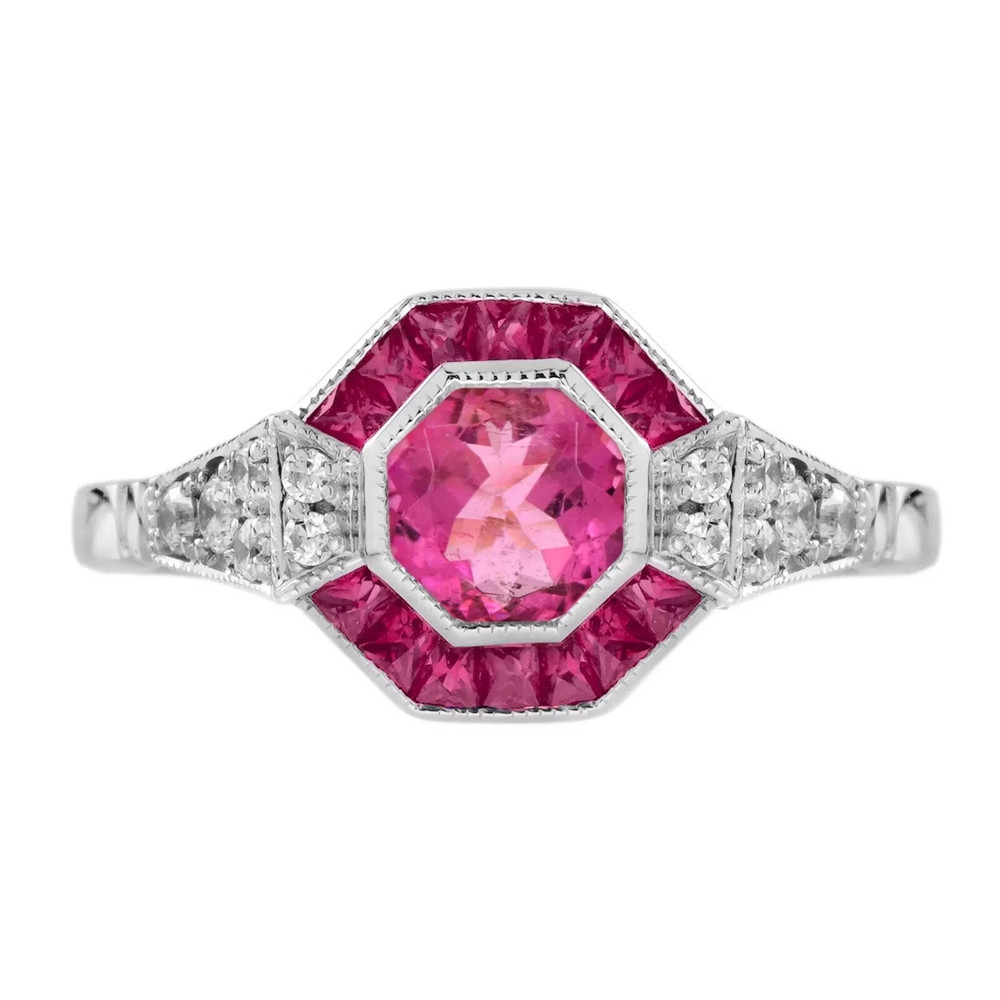Art Deco Style Lab-Created Diamond Pink Tourmaline Ruby Ring 14K White Gold FN