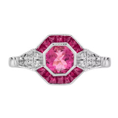 Art Deco Style Lab-Created Diamond Pink Tourmaline Ruby Ring 14K White Gold FN