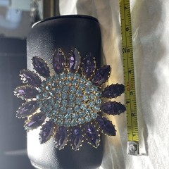 Vintage Blue And Purple Made In Austria Stamped Rhinestone And Gold Tone Brooch