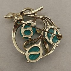 Vintage Teal Blue Moonglow Thermoset Bracelet + Lisner Brooch Cabochon Gold Tone