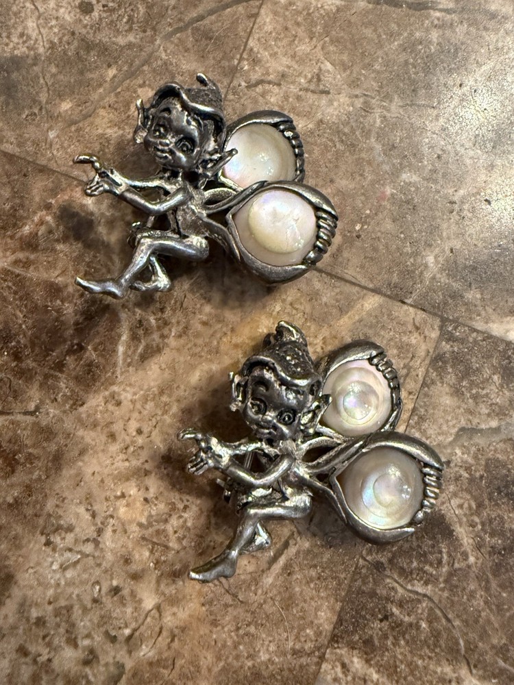 Vintage Set of 2 Fairy Elf Pixie Imp Sterling Brooch Pin Abalone Wings