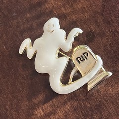 Vintage Halloween White Enamel Ghost And Tombstone Brooch Signed SFJ