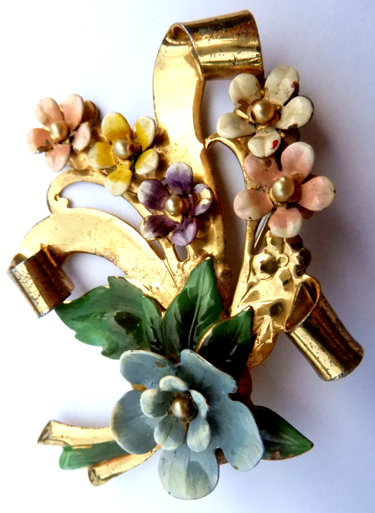 Vintage Sterling Silver Gold Wash Floral Brooch — 3.0″ x 2.0″ — 22.1 g — Enamel