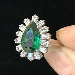 Vintage DuJay Sterling Cocktail Ring Pear Green Glass Halo Stone Size 8.25