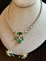 Beautiful Antique Vintage ORA 1930’s Necklace Earrings Emerald Rhinestones