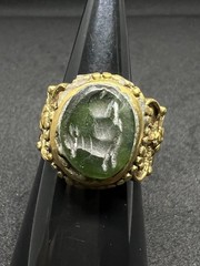 Rare Old Bronze Ring Carved Green Stone Animal Motif Antique Size 9 US