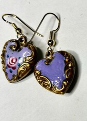 VTG Puffy Heart Charm Earrings , Enamel Earrings, Hand Painted Lucy Isaacs