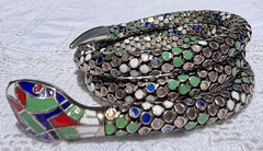 Antique German Art Deco Colorful Enamel SNAKE 935 Silver Wrap Bracelet