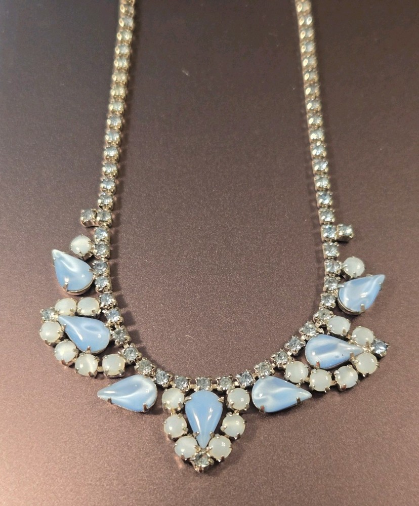 Vintage Pastel Blue/White Pearlized Stones/Rhinestone Necklace