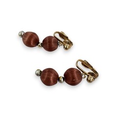 Vintage 80s True Brown Silk Covered Beaded Necklace & Clip On Earring Set