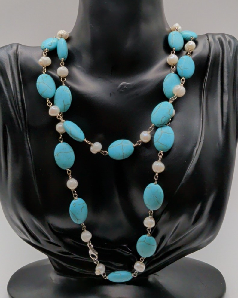 Vintage Long Strand Necklace With Faux Turquoise And Pearls