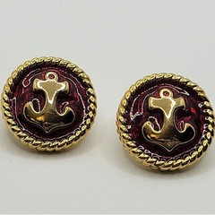 Vintage Signed Trifari Nautical Anchor Button Earrings Deep Red Enamel 1980s