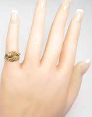 Vintage 14K Rose Gold Double Serpent Ring Diamond Natural Jade & Ruby Eyes Deco