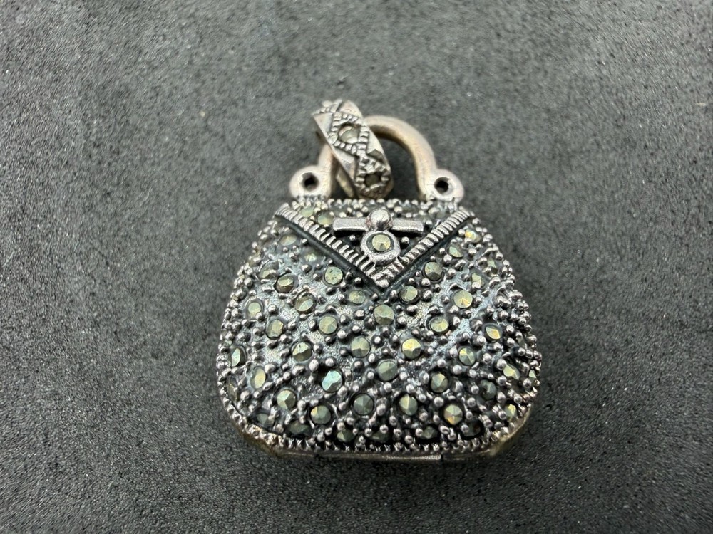 6.83g Vintage Sterling Silver 925 Locket Purse Shape Pendant Sparkling Beaded M