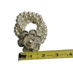 Large Bracelet Rhinestone & Faux Pearl 3 Strand Stretchable Bracelet Silver Tone