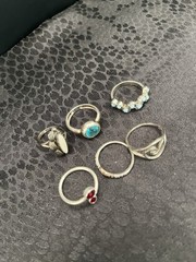 A Group Lot Of 6 Art Deco 925 Sterling Silver Rings Rhinestones Faux Turquoise