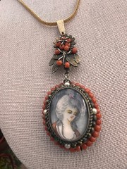 Antique Yellow Gold + Silver Coral Seed Pearls Hand Painted Portrait Pendant