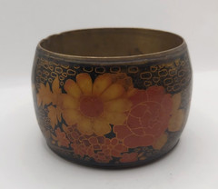 Vintage Wide Brass Floral Bangle Black Lacquer Enamel Statement Cuff Asian Style