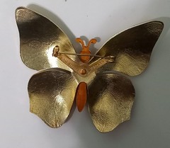 Vintage Made in Germany Enamel Butterfly Brooch Pin Orange Amber Gold Tone LARGE