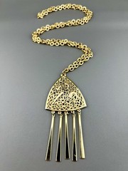 Vintage Boho Necklace Filigree Geometric Pendant Bar Tassel Fringe Gold Tone 27”