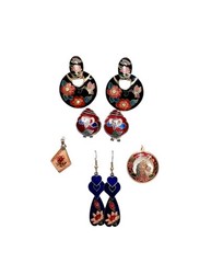 Vintage Cloisonne Earrings & Pendant Lot of 5 Rare SEE DESCRIPTION