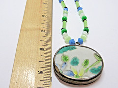 Vintage Silver Tone Glass Bead Necklace Floral Boho Retro Green Mod #J