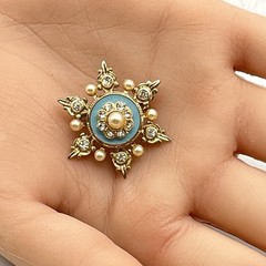 Vintage Blue Enamel Brooch Faux Pearl Rhinestone 1.25″