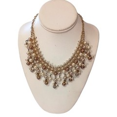 Y2K Bib Fringe Necklace Egyptian Revival Faux Pearl Gold Tone Victorian Vintage