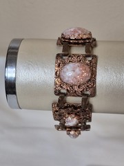 Copper Glitter Confetti Cream Lucite Acrylic Metal Link Panel Bracelet Vintage