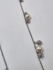 Ann Taylor Silver Tone Faux Pearl & Crystal Station Necklace 32″ Long
