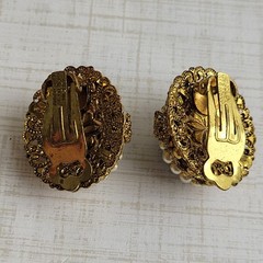 West German Filigree Blue AB Rhinestone Faux Pearl Clip On Earrings READ