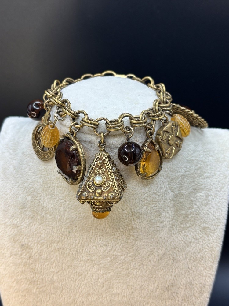 Vintage Mid Century Amber Topaz Rhinestone Charm Bracelet Etruscan Revival
