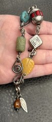 800 Silver Feather Charm Link Bracelet Turquoise Jade Coral Boho 8”