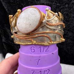 Vintage Brutalist Cuff Bracelet Mixed Metals Polished Stone 6.5”