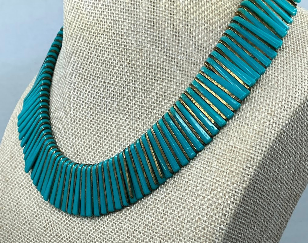 Vintage Egyptian Revival Necklace Robin Egg Blue Plastic Cleopatra Statement Bib