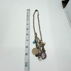 VTG Multi Strand Charm Necklace Bronze & Silver Tone Layered Boho Crystal Retro