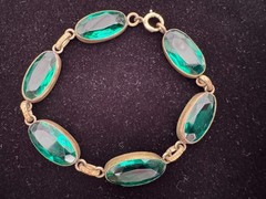 Stunning Antique Art Deco Emerald Green Glass Panel Link Bracelet 1930’s
