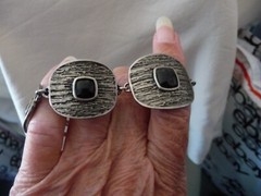 SET LIA SOPHINA BRACELET NECKLACE SILVER TONE SQUARES w BLACK CENTER #23/5A