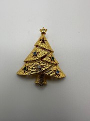 Vintage Gold Christmas Tree Brooch Multi Colored Rhinestone 4.5cm BB15