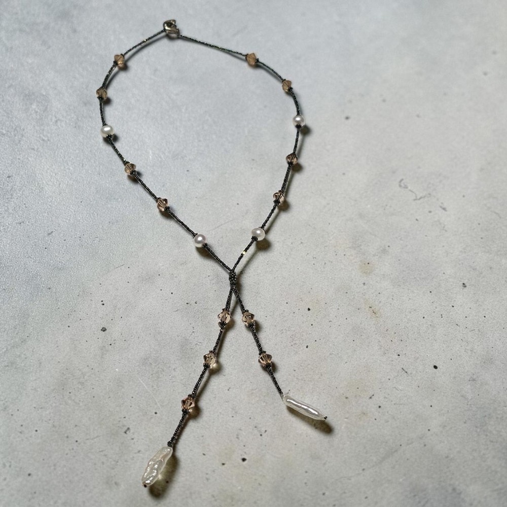 Vintage 925 Sterling Silver Freshwater Pearl & Crystal Lariat Necklace, Boho Mul