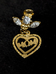 Vintage Guardian Angel Mom Heart Charm Clear Rhinestone Pin Brooch Small