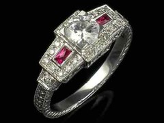 Art Deco Style Round Lab Created Diamond & Ruby 14K White Gold FN Wedding Ring