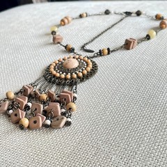 VTG VCLM Signed Boho Statement Medallion Necklace Peach Wood Bead Fringe Fringe