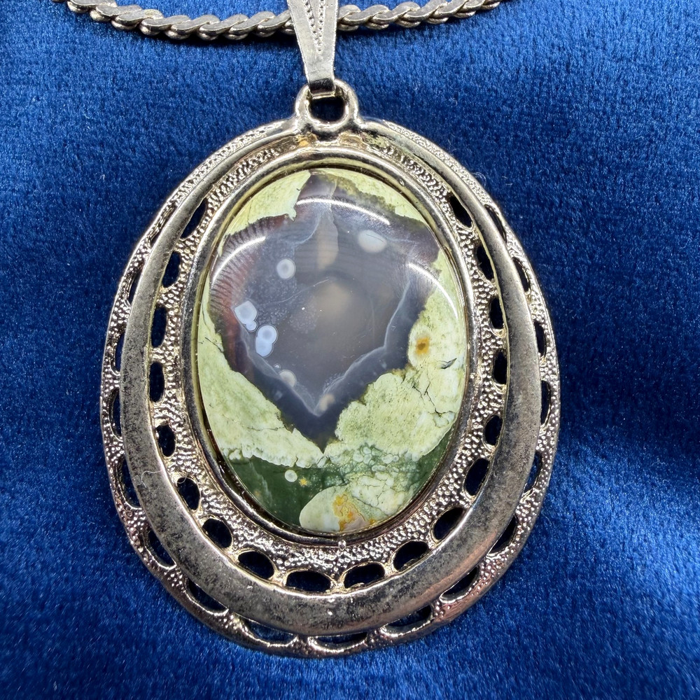 Rainforest Jasper Pendant Necklace Silver Tone Chain 23