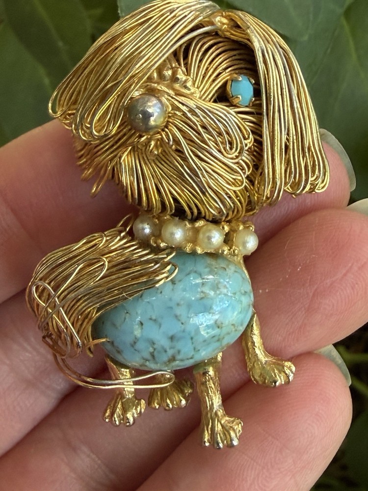 Vintage Gold tone wired faux turquoise pearl Dog Brooch Pin Jewelry