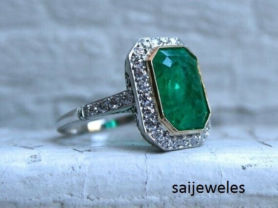 2.50CT Lab-Created Green Emerald Vintage Engagement Halo Ring 14K 2-Tone Gold FN