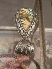 Vintage Scroll Design Silver Tone Faux Abalone Teardrop Pendant 1 3/4”