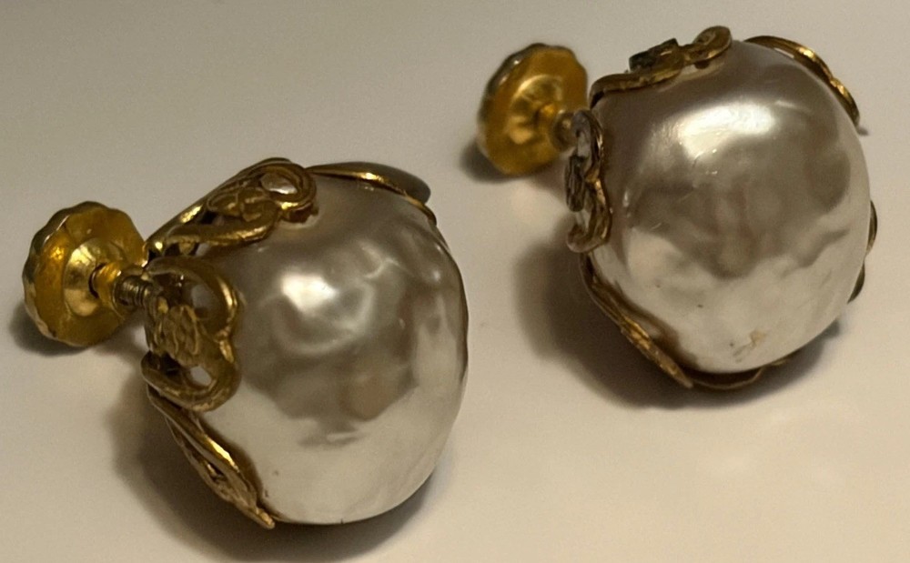 Signed Miriam Haskell Vintage Baroque Pearl Earrings Antique Gold Tone Iconic